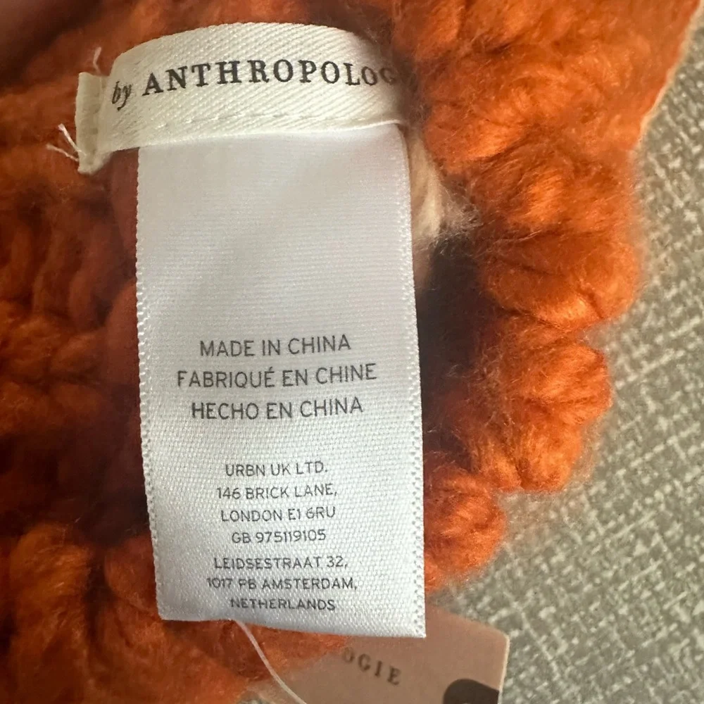 Anthropologie Colorblock Pom Beanie Orange Tan Cream Chunky Knit New with‎ Tags!